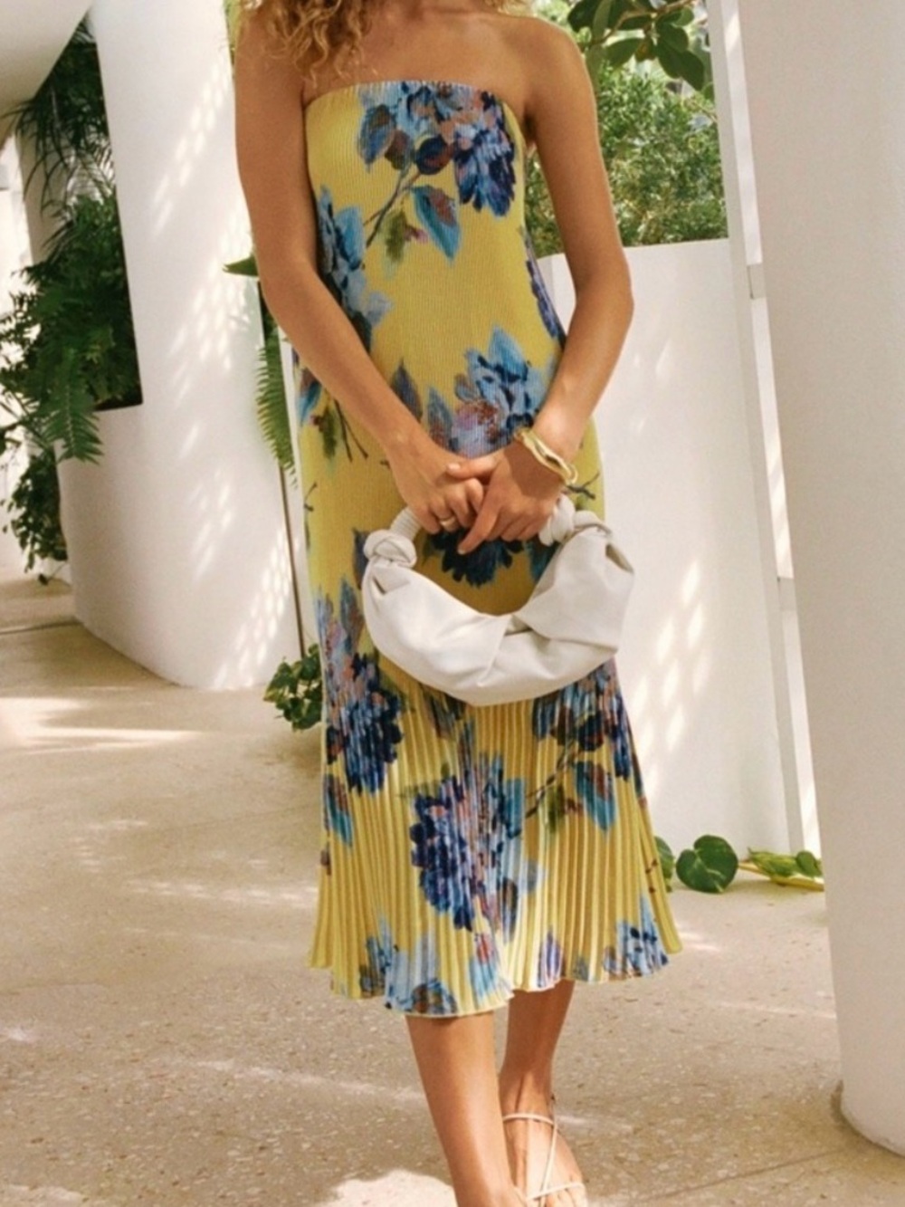 Abercrombie & Fitch Yellow Strapless Floral Pleated Midi Dress